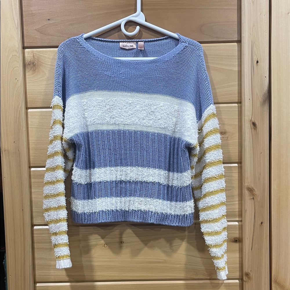 Cozy Striped Crew Neck Sweater in Blue, White, and Gold
